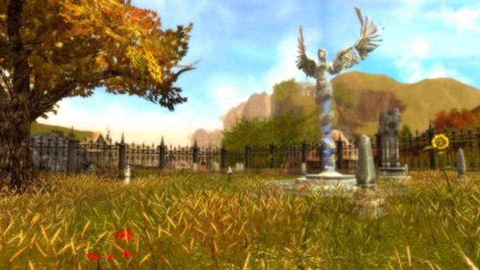 The Ashford Abbey is a serene and peaceful place. A statue of Dwayna stands in a peaceful courtyard near a tree with yellow leaves. The statue is an angel spreading her wings.