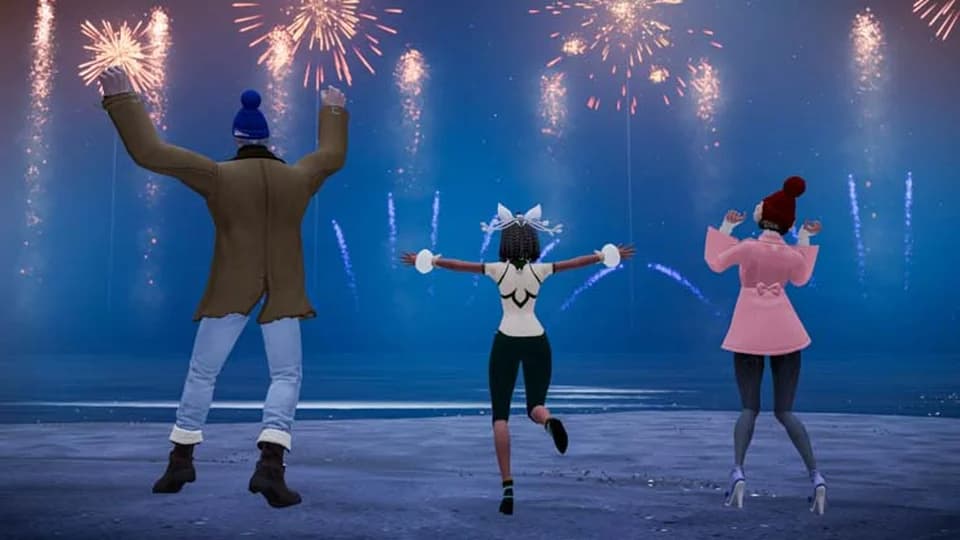Three joyful figures in whimsical outfits dance under a night sky filled with brilliant fireworks bursting in vibrant colors.