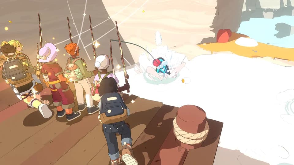 Spirit Crossing players fishing together from a dock above the clouds