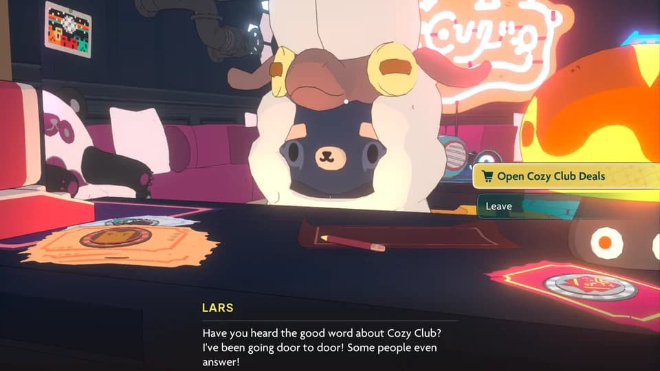 Lars offering Cozy Club Deals at his counter in Spirit Crossing